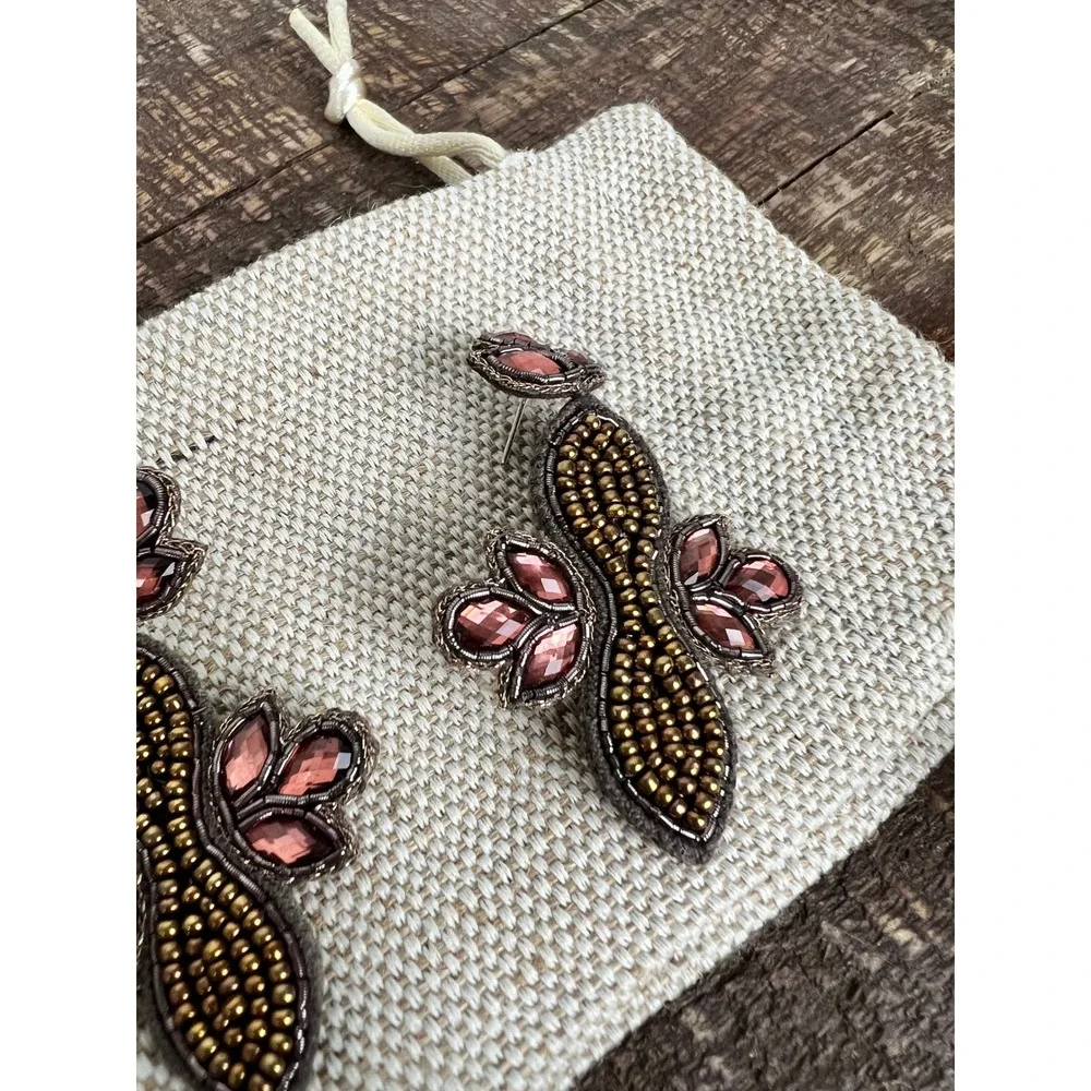 Sparkling Beaded Drop Earrings with Pink‎ Gemstones Boho Statement Jewelry